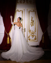 Lavish Long Ivory V-neck Mermaid Sleeveless Sequined Beaded Bridal Dress with Detachable Train